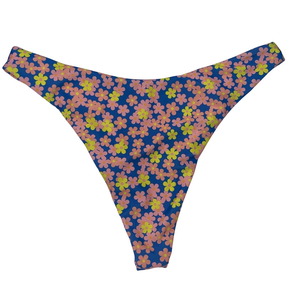 Ditsy Floral Thong Bikini Bottoms Pink Yellow Blue Flowers Swimsuit Medium